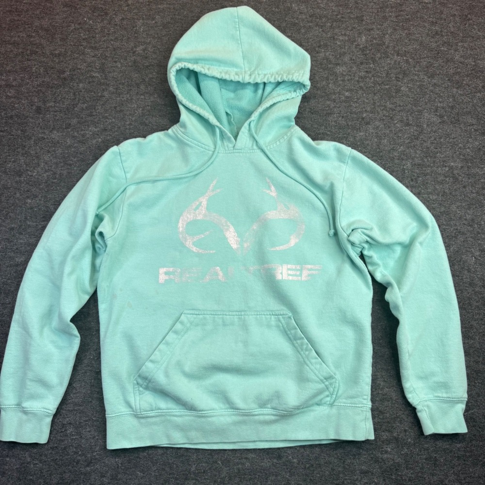 Realtree‎ Hoodie Women Small Teal Blue Silver Logo Pullover Sweatshirt (Read)